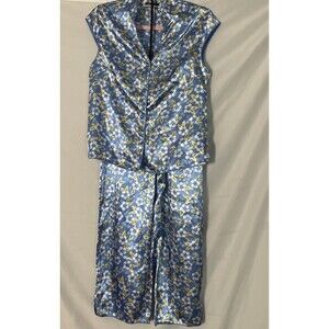 Vintage Leslie Fay Satin Pajamas Size Small Blue Yellow Floral Sleeveless Capri